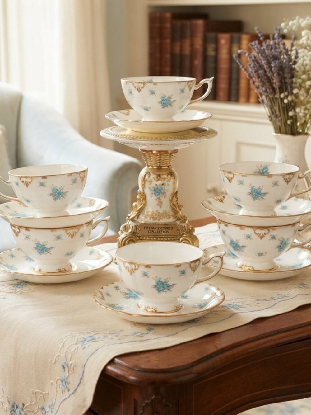 Royal Crown Derby Kensington (A1216) Tea Cups & Saucers –Turquoise Forget Me Not